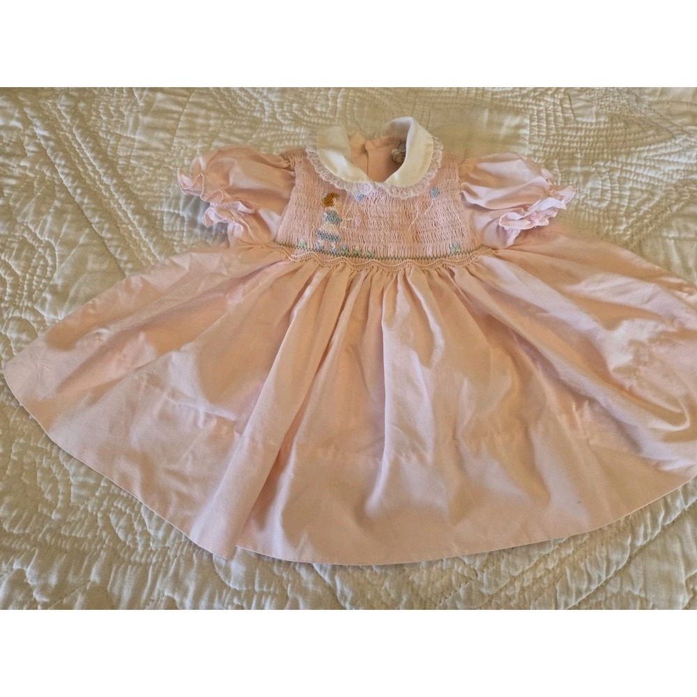 Vintage 80s Baby Togs Girls Pink Embroidered Dress 3 - 6 Months Adorable Ruched